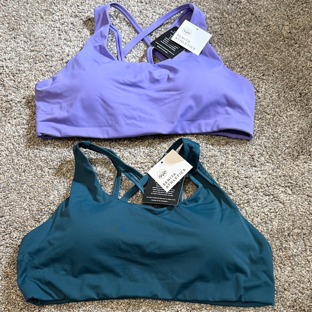 2 pack!!! NWT Senita Athletics Lavender and Teal Strappy Sports Bras 2 pack!
